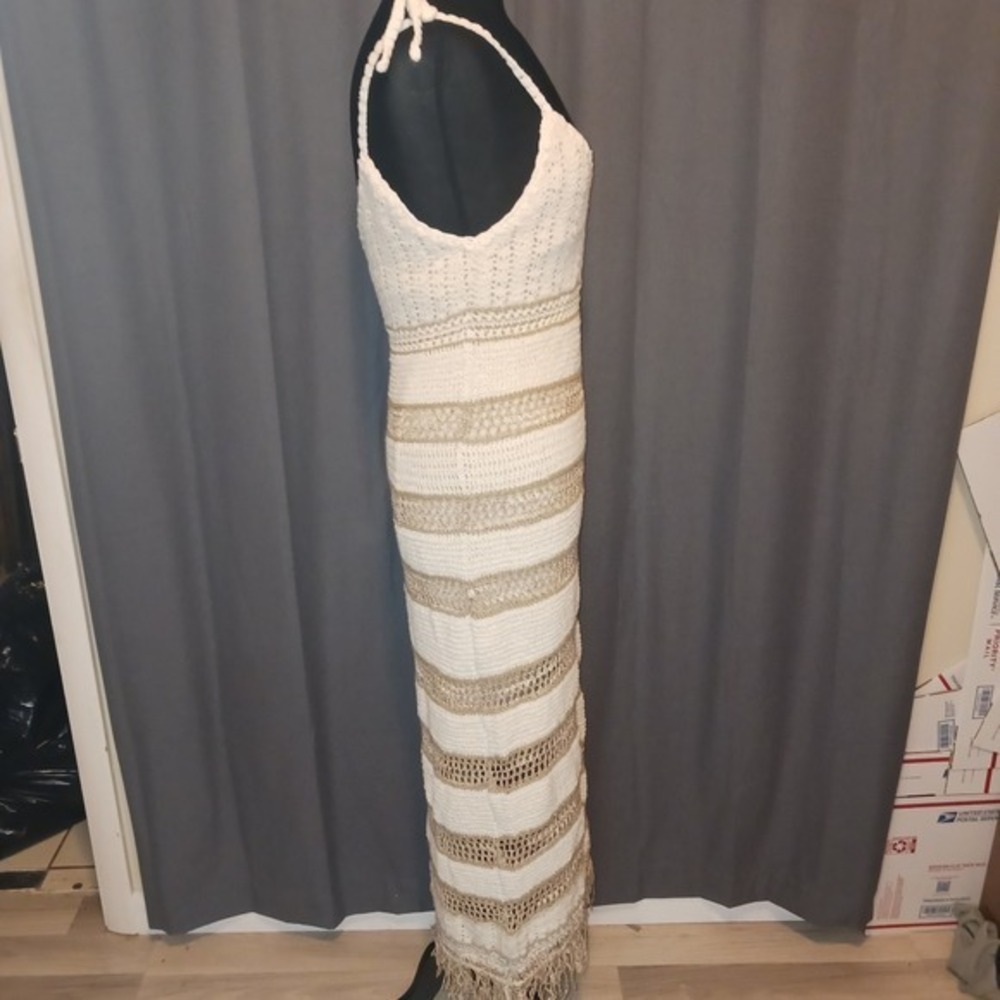 Viviane Furrier Boho Crochet Knit Maxi Dress‎ Metallic Striped Fringed Hem 10 - Picture 10 of 12
